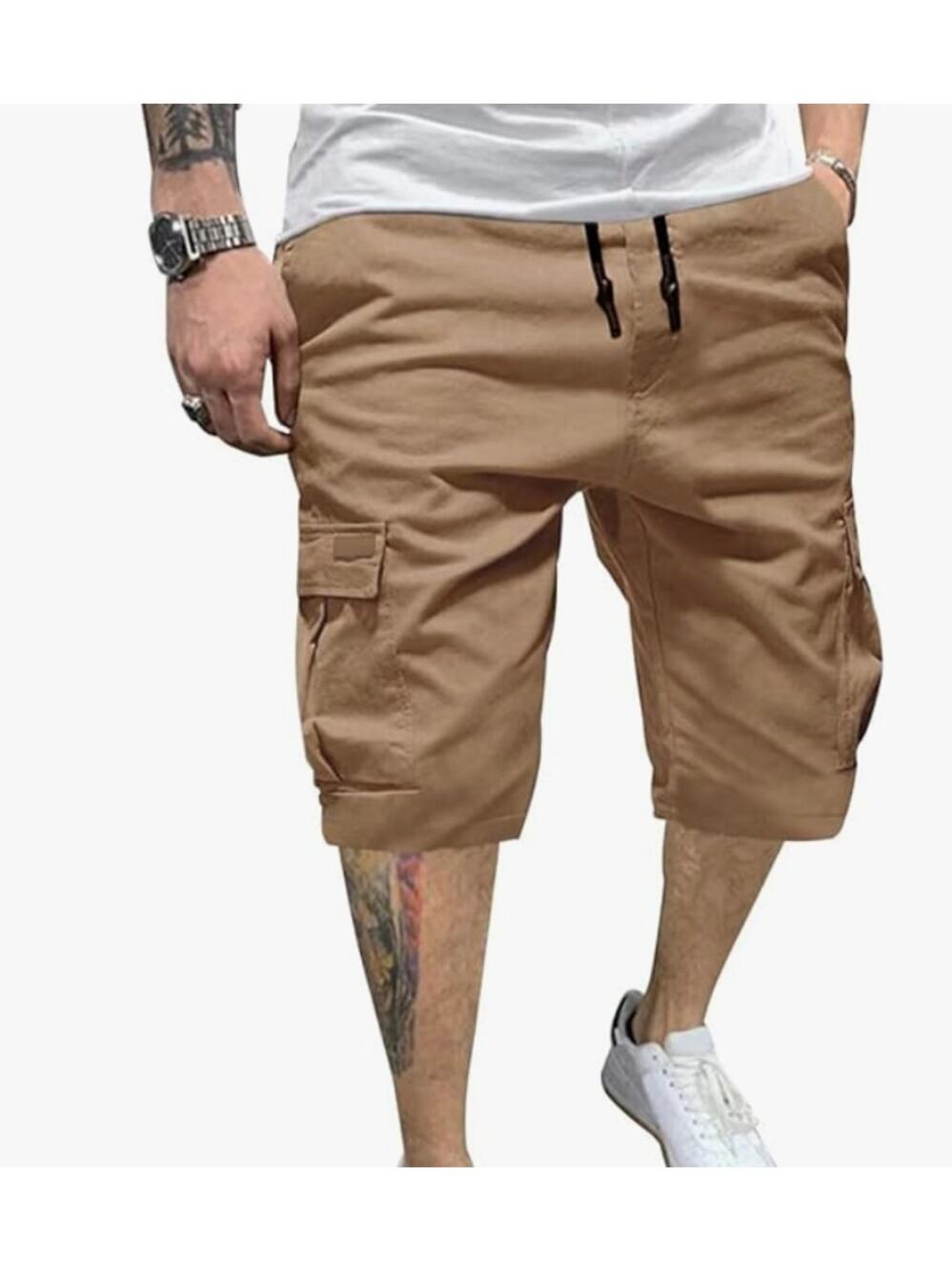 Mens Cargo Shorts Elastic Drawstring with 6 Pockets SIZE 42 Beige